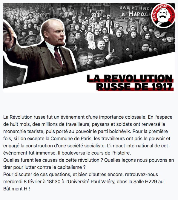 Affiche. Montpellier. Cercle marxiste. Conférence. La Révolution Russe de 1917. 2023-02-08